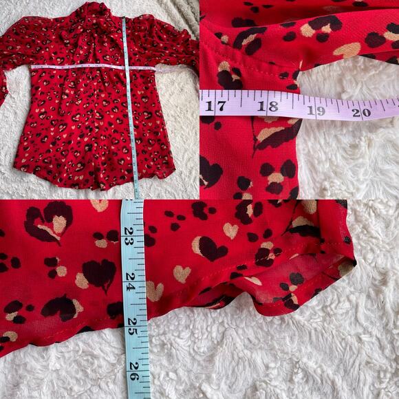Chico’s heart animal leopard print blouse‎ tie neck bow balloon sleeve red black - Picture 5 of 17